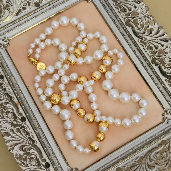 TORY BURCH • Capped Crystal Pearl Long Necklace - Picture 15 of 15